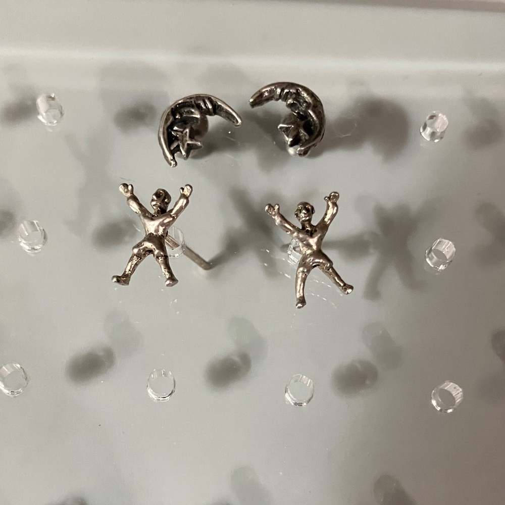 Lot of 2 Pairs of Silver Figure Stud Earrings Moon and Man
